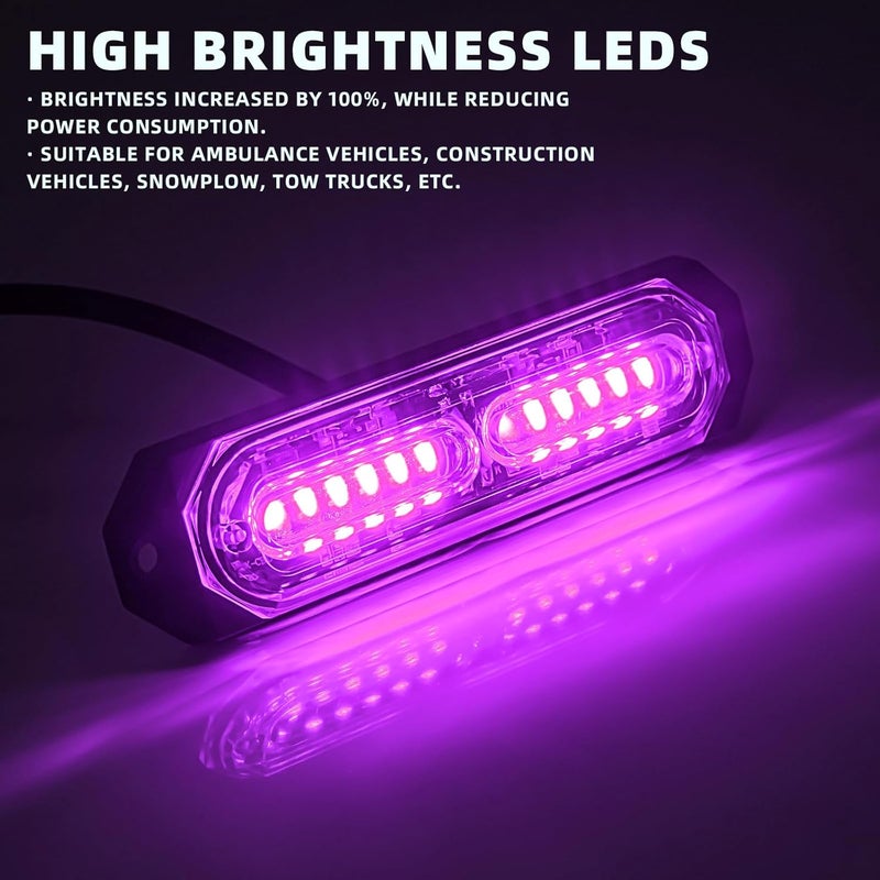 PKINGLAKE 8-Pcs Purple LED Funeral Escort Emergency Strobe Grille Lights Bar, Ultra Slim Sync Feature Surface Mount Hazard Warning Flashing Light for Firefighter/Police/Trucks/Vehicles/Car - Image 3
